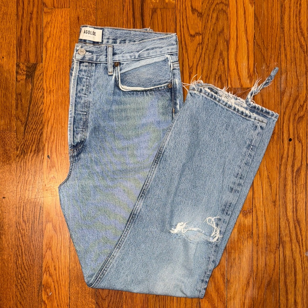 Agolde 90’s High Rise Frayed Hem Light Blue Denim